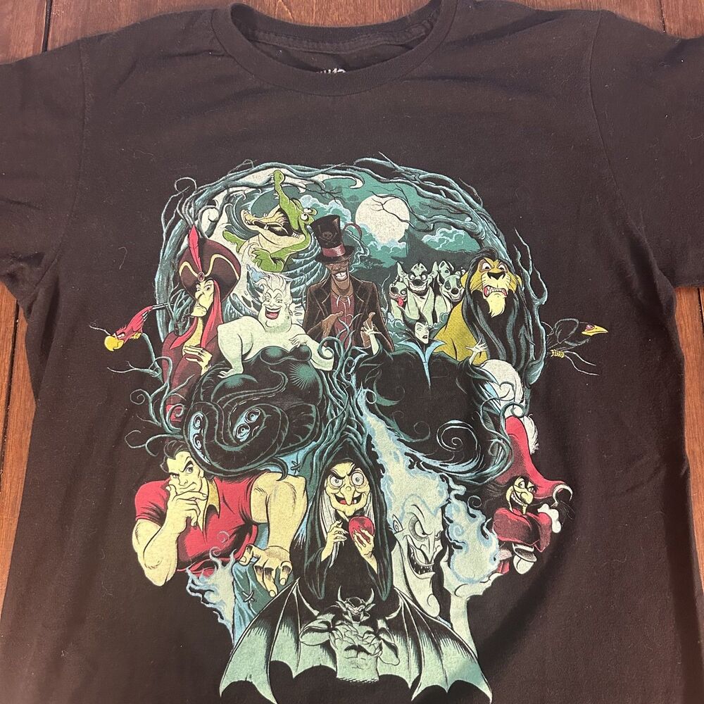 Disney Villains Skull Collage Womens T-Shirt Small Black Ursula Scar Hook Jafar